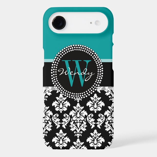 Teal, Black Damask Your Initial, Your Name Case-Mate iPhone Case (Back)