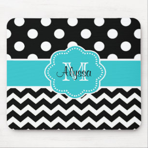 Teal Black Dots Chevron Personalised Mousepad