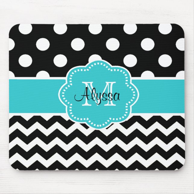 Teal Black Dots Chevron Personalised Mousepad (Front)