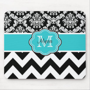 Teal Black Dots Damask Personalised Mousepad