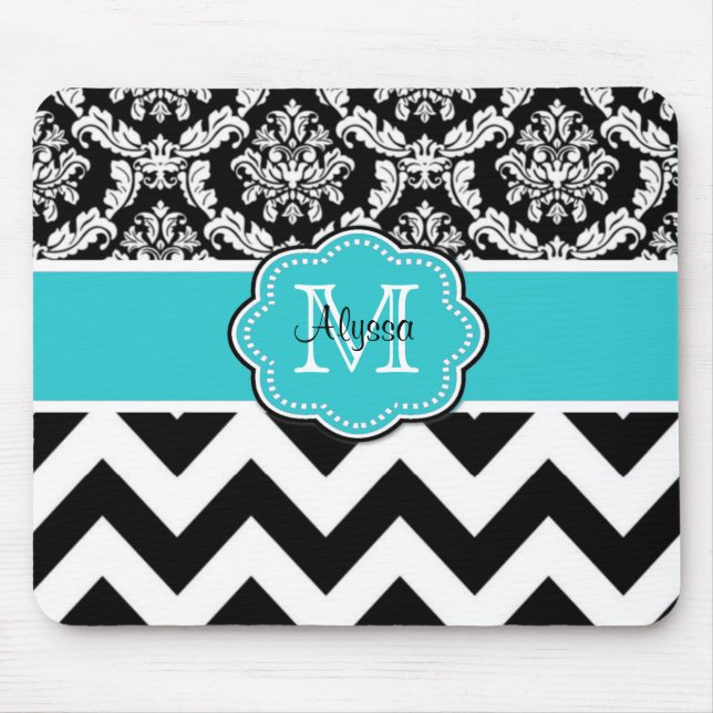 Teal Black Dots Damask Personalised Mousepad (Front)