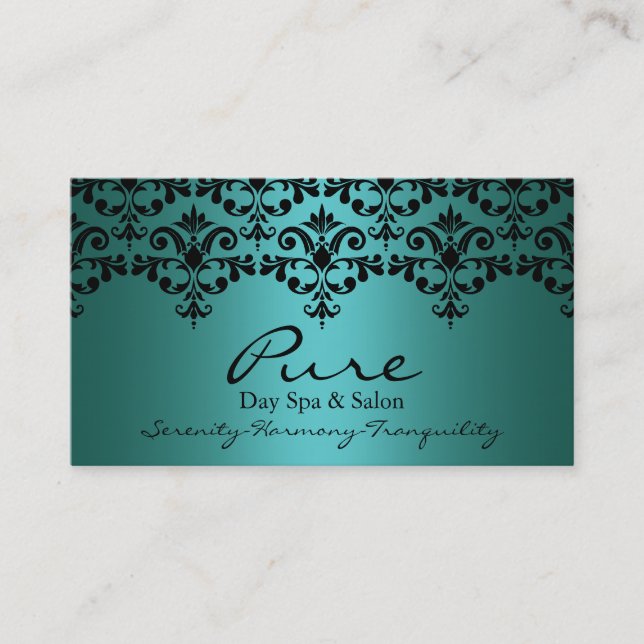 Teal & Black Elegant Damask Business Card (Front)