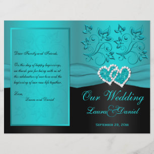 Teal, Black Floral Joined Hearts Wedding Program