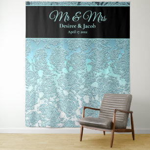 Teal Black Floral Photo Booth Wedding Backdrop Tapestry