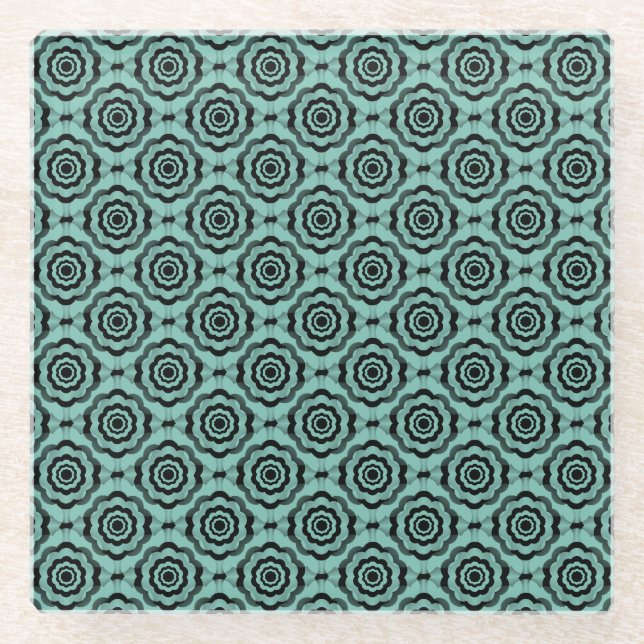 Teal Black Flower Seamless Pattern Glass Coaster (Front)