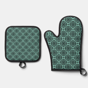 Teal Black Flower Seamless Pattern Oven Mitt & Pot Holder Set