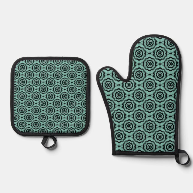 Teal Black Flower Seamless Pattern Oven Mitt & Pot Holder Set (Front)