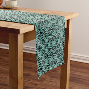 Teal Black Flower Seamless Pattern Short Table Runner