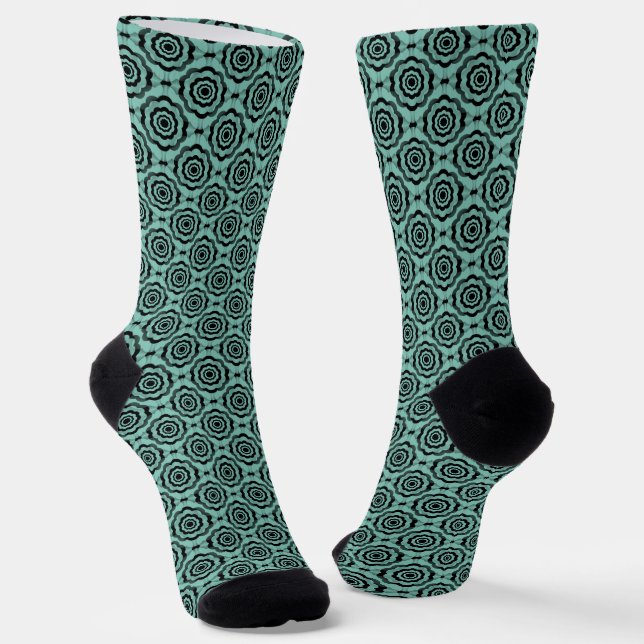Teal Black Flower Seamless Pattern Socks (Angled)