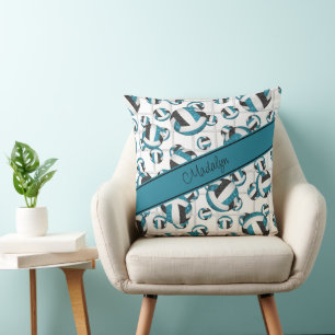 Teal black girly volleyballs pattern net accent cushion