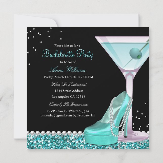 Teal Black Glitter Pearl Bachelorette Party Invite (Front)