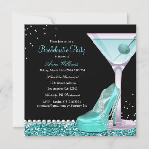 Teal Black Glitter Pearl Bachelorette Party Invite