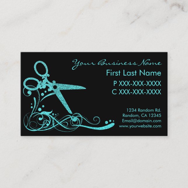 Teal black glitter swirl hair cut business cards (Front)