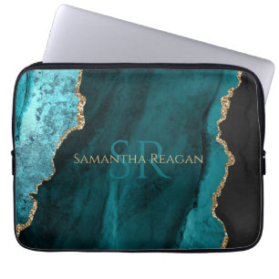 Teal, Black & Gold Agate, DIY Gold Name & Monogram Laptop Sleeve