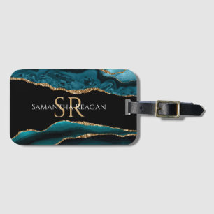 Teal Black & Gold Agate, DIY Name & Monogram Luggage Tag