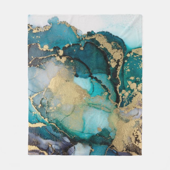 Teal Black Gold Alcohol Ink Fluid Artabstract,art, Fleece Blanket (Front)