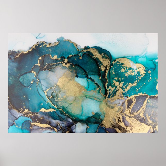 Teal Black Gold Alcohol Ink Fluid Artabstract,art, Poster (Front)