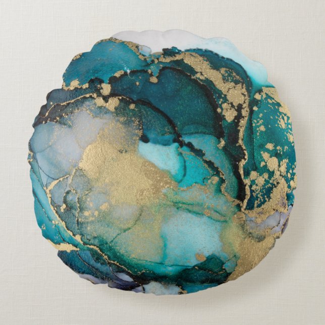 Teal Black Gold Alcohol Ink Fluid Artabstract,art, Round Cushion (Front)