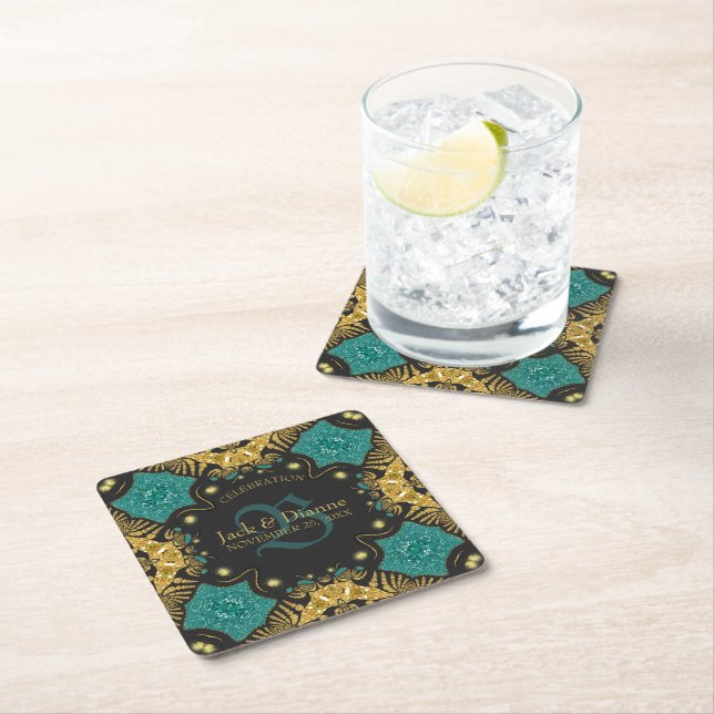 Teal Black + Gold Celebration Anniversary Square Paper Coaster (Insitu)