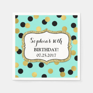 Teal Black Gold Confetti Birthday Party Napkin