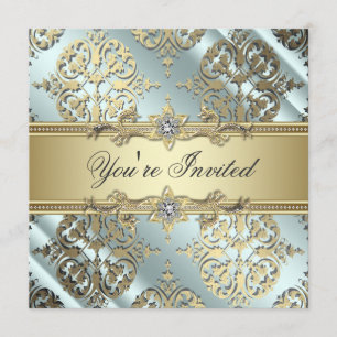 Teal Black Gold Damask Party Invitation