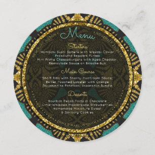 Teal Black Gold Eastern Round Wedding Menu Cards