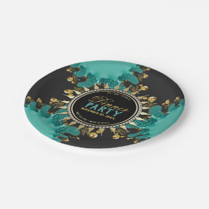 Teal Black Gold Fractal Swirl Dinner Party Paper Plate