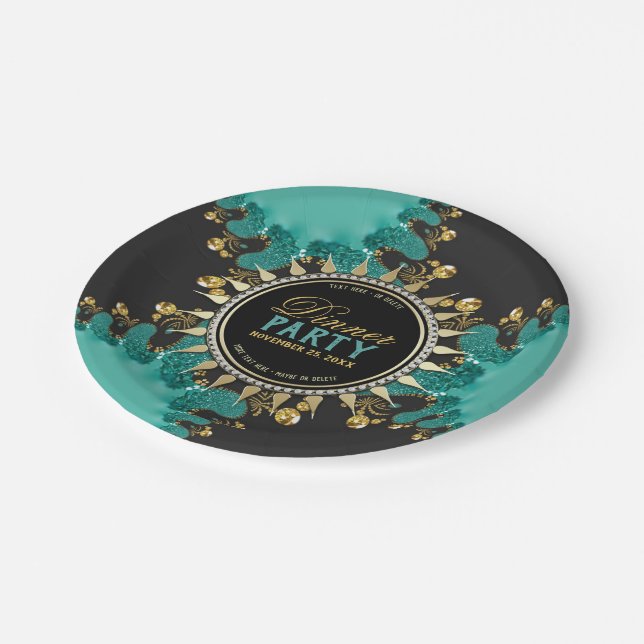 Teal Black Gold Fractal Swirl Dinner Party Paper Plate (Angled)