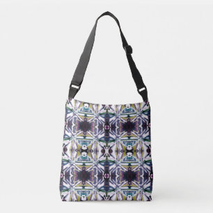 Teal Black Gold Pink on White Floral Tile Pattern Crossbody Bag