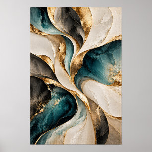 Teal Black Gold Sculptural Flow Abstract Wall Art