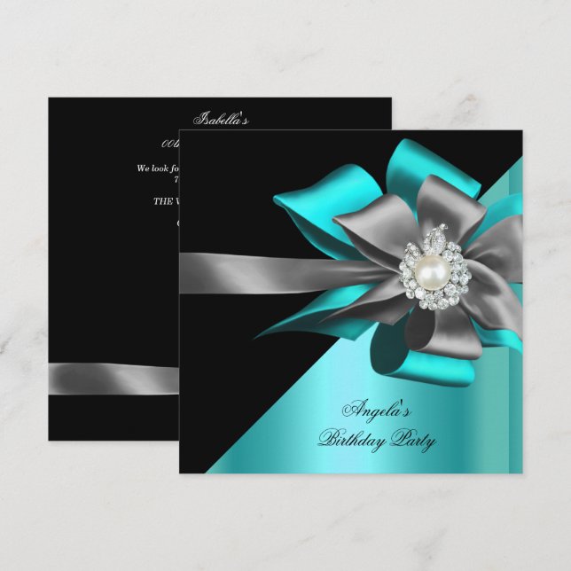 Teal Black Grey Silver Bow Pearl Birthday Party Invitation (Front/Back)