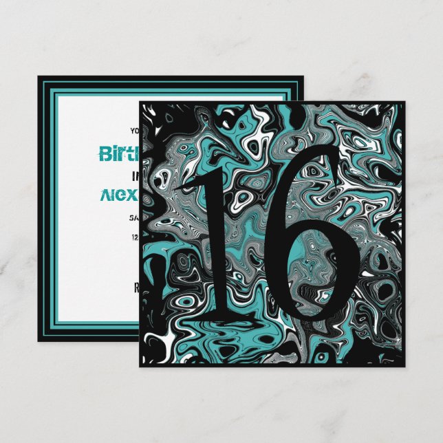 Teal & Black Grunge 16th Birthday Invitation (Front/Back)
