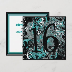 Teal & Black Grunge 16th Birthday Invitation
