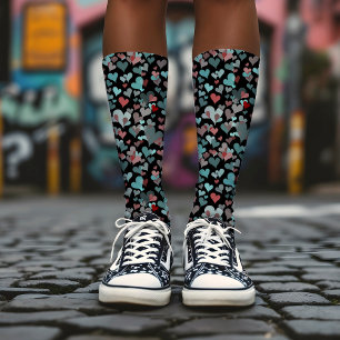 Teal Black Heart Pattern Dark Cute Cheerful Girly Socks