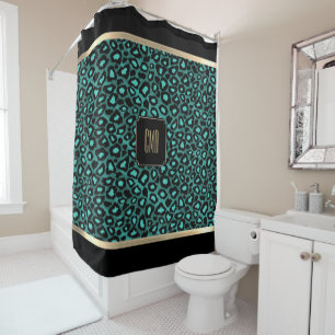 Teal & Black Leopard Pattern - Monogram Shower Curtain