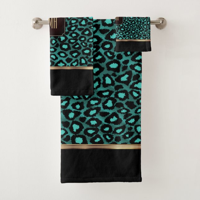 Teal & Black Leopard Pattern with Monogram Bath Towel Set (Insitu)