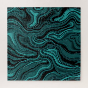Teal Black Marble Swirl Abstract Liquid Wave  Jigsaw Puzzle