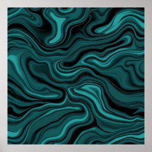 Teal Black Marble Swirl Abstract Liquid Wave  Poster
