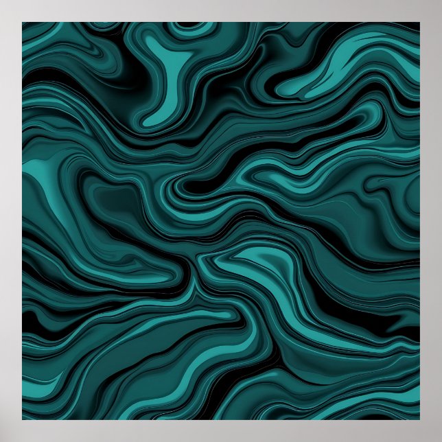 Teal Black Marble Swirl Abstract Liquid Wave  Poster (Front)