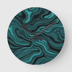 Teal Black Marble Swirl Abstract Liquid Wave Round Clock