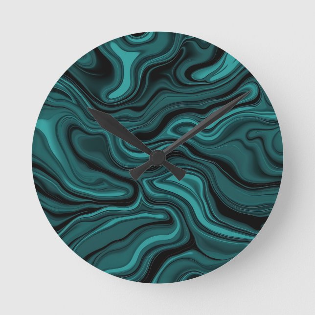 Teal Black Marble Swirl Abstract Liquid Wave  Round Clock (Front)