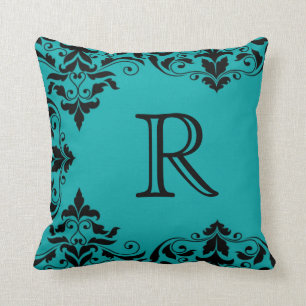 Teal & Black Monogram Damask Pillow