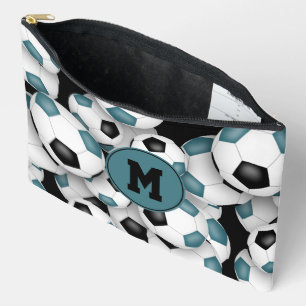 teal black monogrammed soccer balls pattern  accessory pouch