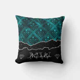 Teal & Black Ombre Glam Glitter Damask Monogram Cushion