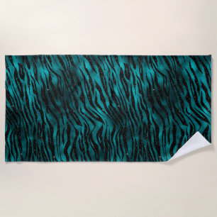 Teal & Black Ombre Glam Glitter Tiger Stripes Beach Towel