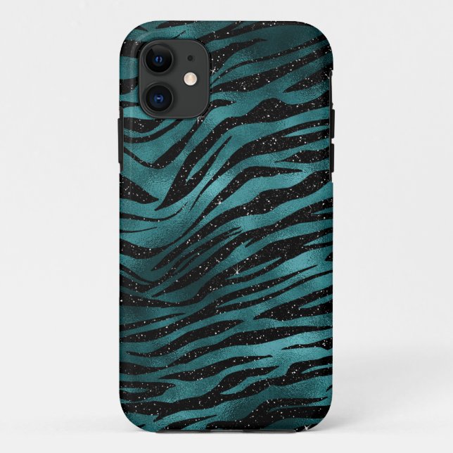 Teal & Black Ombre Glam Glitter Tiger Stripes Case-Mate iPhone Case (Back)