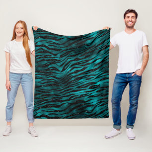 Teal & Black Ombre Glam Glitter Tiger Stripes Fleece Blanket