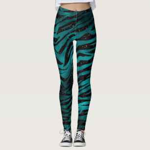 Teal & Black Ombre Glam Glitter Tiger Stripes Leggings