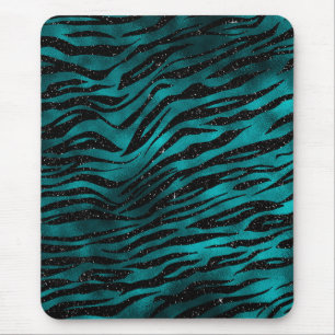 Teal & Black Ombre Glam Glitter Tiger Stripes Mouse Mat