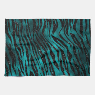 Teal & Black Ombre Glam Glitter Tiger Stripes Tea Towel